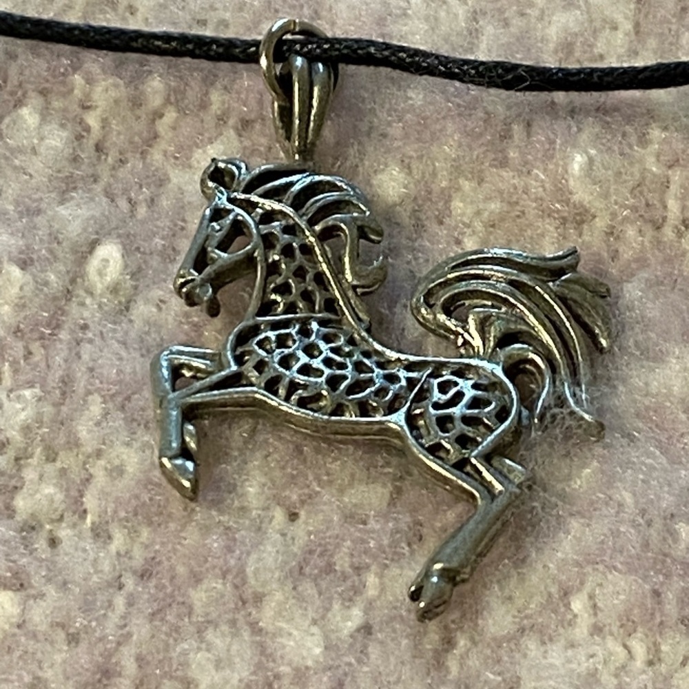 HORSE Pendant, Silver Toned on Black Cord Necklace